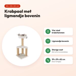 Trixie krabpaal Ivan lichtgrijs 39 x 39 x 82 cm – met ligmand – voordelen