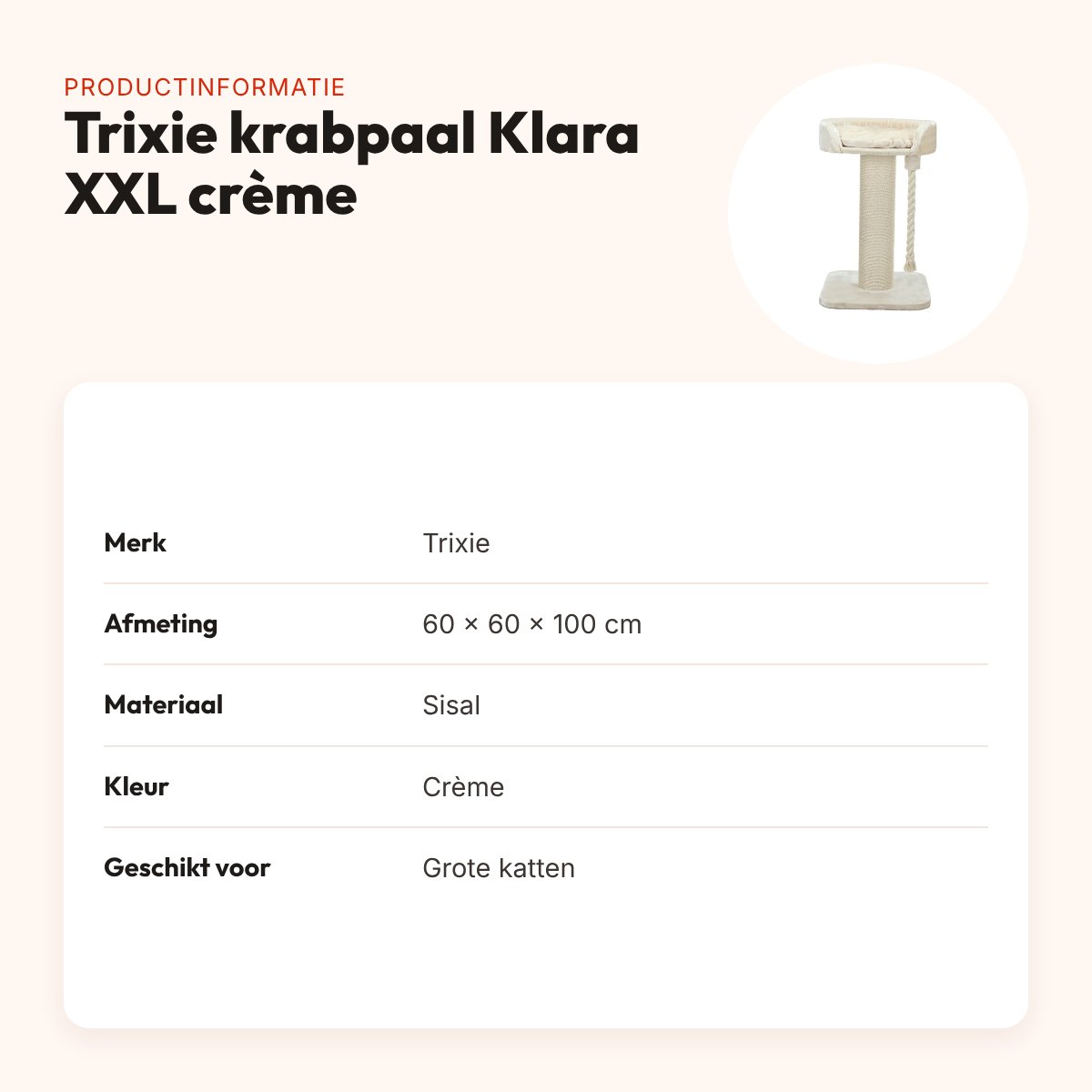 Trixie krabpaal Klara XXL crème 60 x 60 x 100 cm – voor grote katten – productinformatie