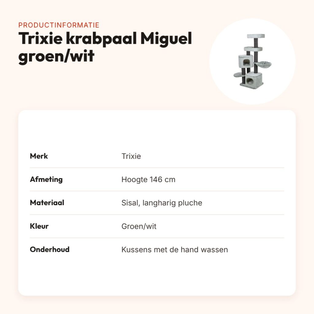 Trixie krabpaal Miguel groen/wit 146 cm – met hangmat – productinformatie