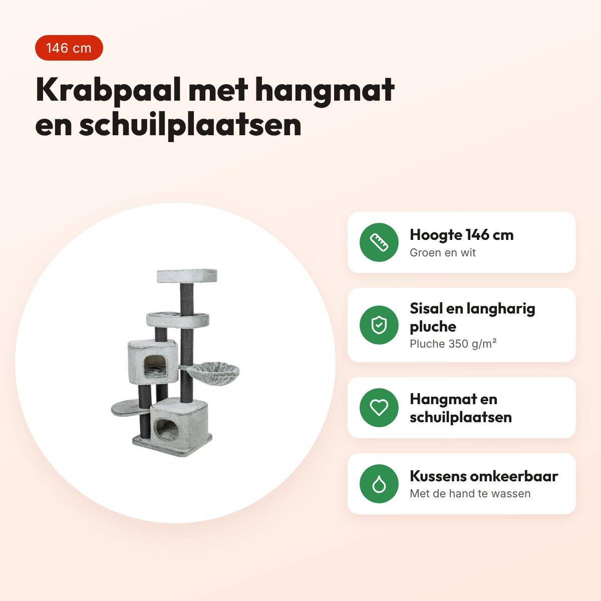 Trixie krabpaal Miguel groen/wit 146 cm – met hangmat – voordelen