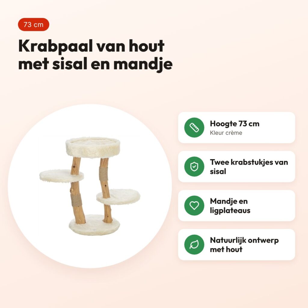 Trixie krabpaal Santo hout crème 73 cm – met sisal en mandje – voordelen