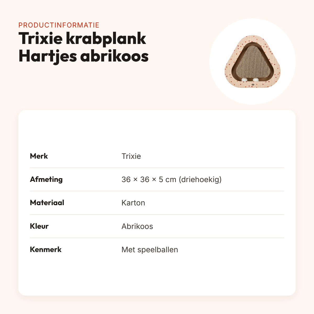 Trixie krabplank Hartjes met ballen abrikoos driehoekig 36 x 36 x 5 cm – productinformatie