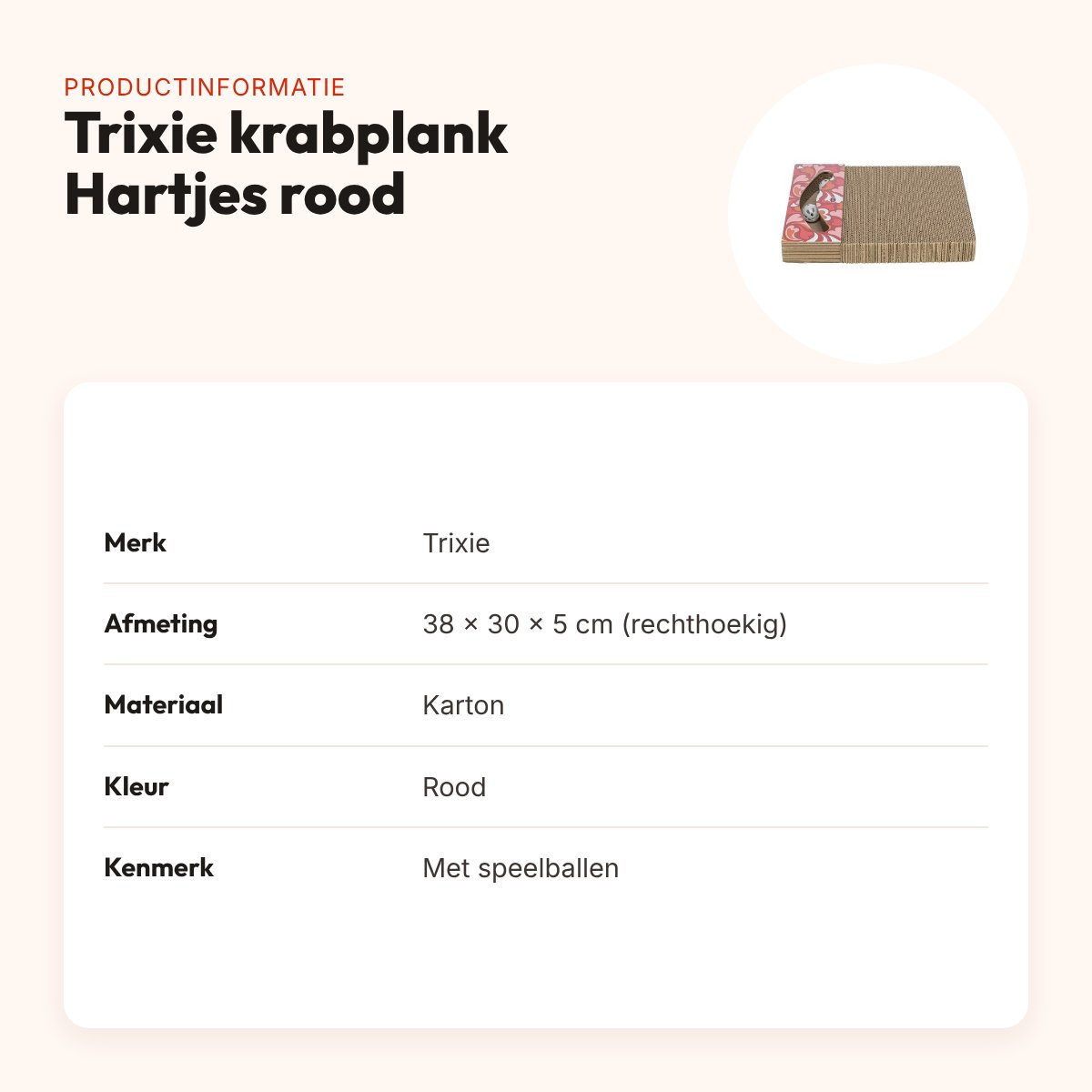 Trixie krabplank Hartjes met ballen rood rechthoekig 38 x 30 x 5 cm – productinformatie