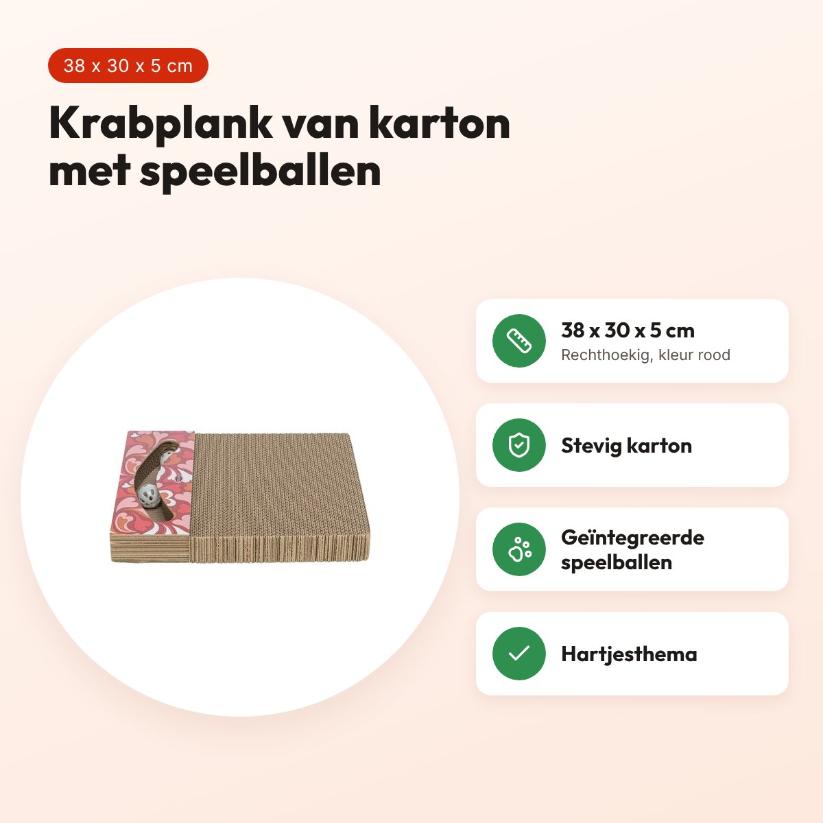 Trixie krabplank Hartjes met ballen rood rechthoekig 38 x 30 x 5 cm – voordelen