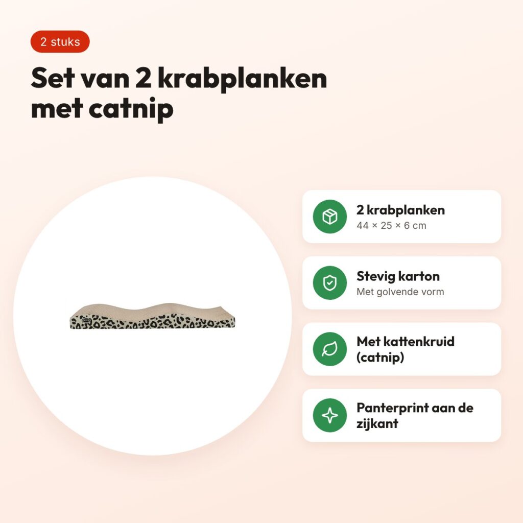 Trixie krabplank Leo panterprint 44 x 25 x 6 cm – set van 2 met catnip – voordelen