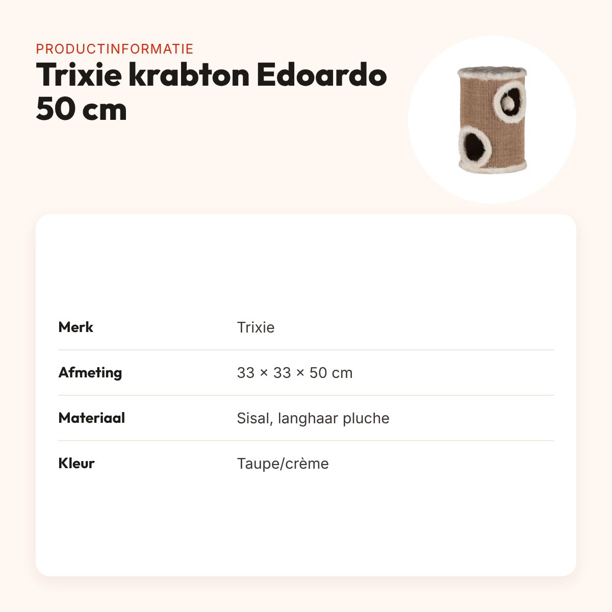 Trixie krabton Edoardo taupe/crème 33 x 33 x 50 cm – met ligplateau – productinformatie