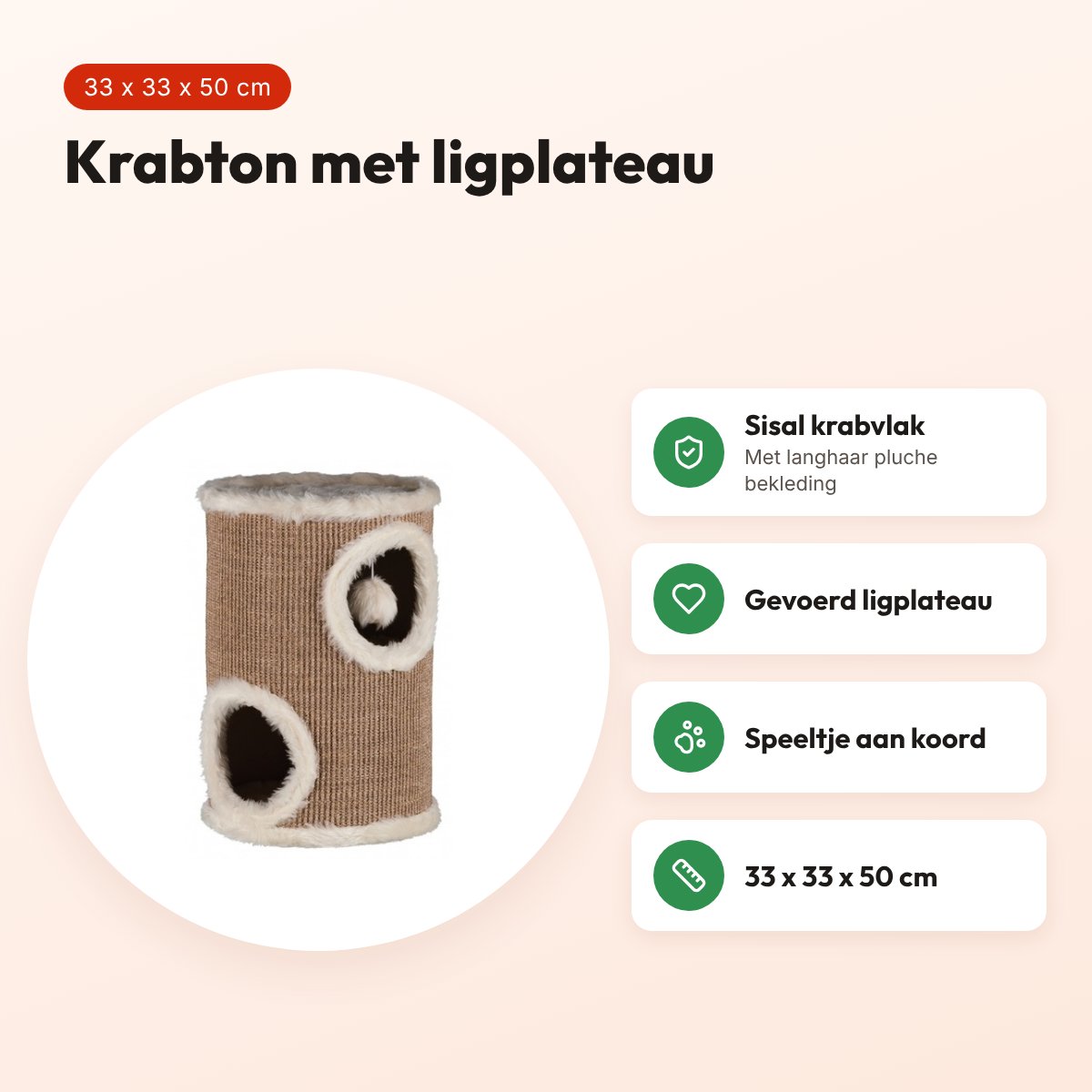 Trixie krabton Edoardo taupe/crème 33 x 33 x 50 cm – met ligplateau – voordelen