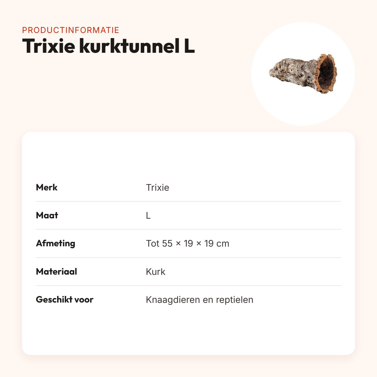 Trixie kurktunnel L tot 55 x 19 x 19 cm – natuurlijke schuilplaats – productinformatie