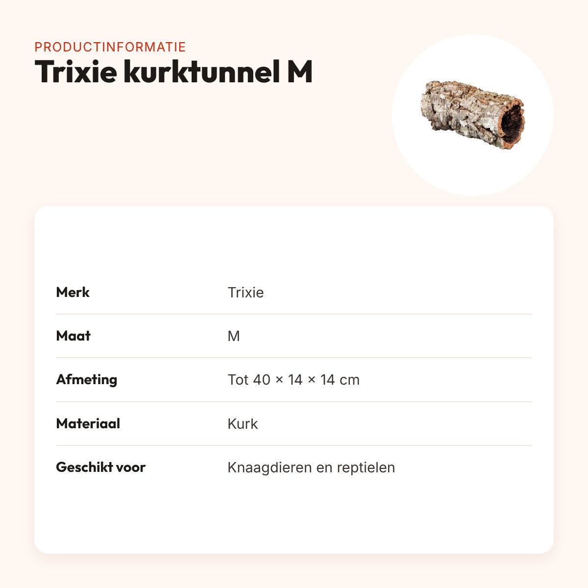 Trixie kurktunnel M tot 40 x 14 x 14 cm – natuurlijke schuilplaats – productinformatie