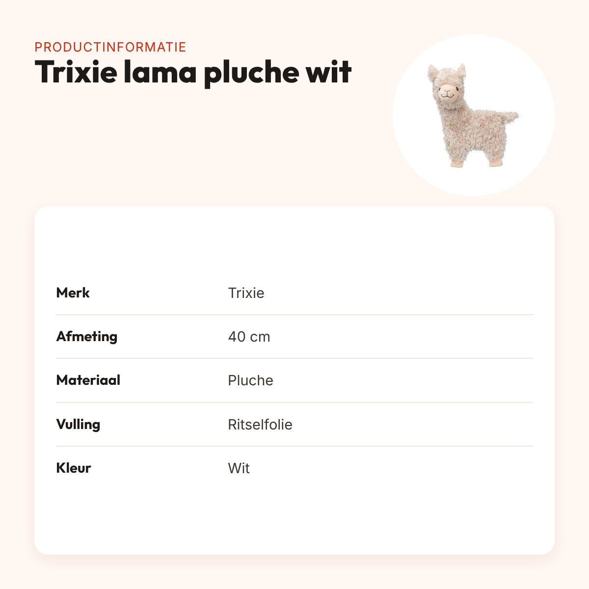 Trixie lama pluche wit 40 cm – hondenspeelgoed met ritselfolie – productinformatie