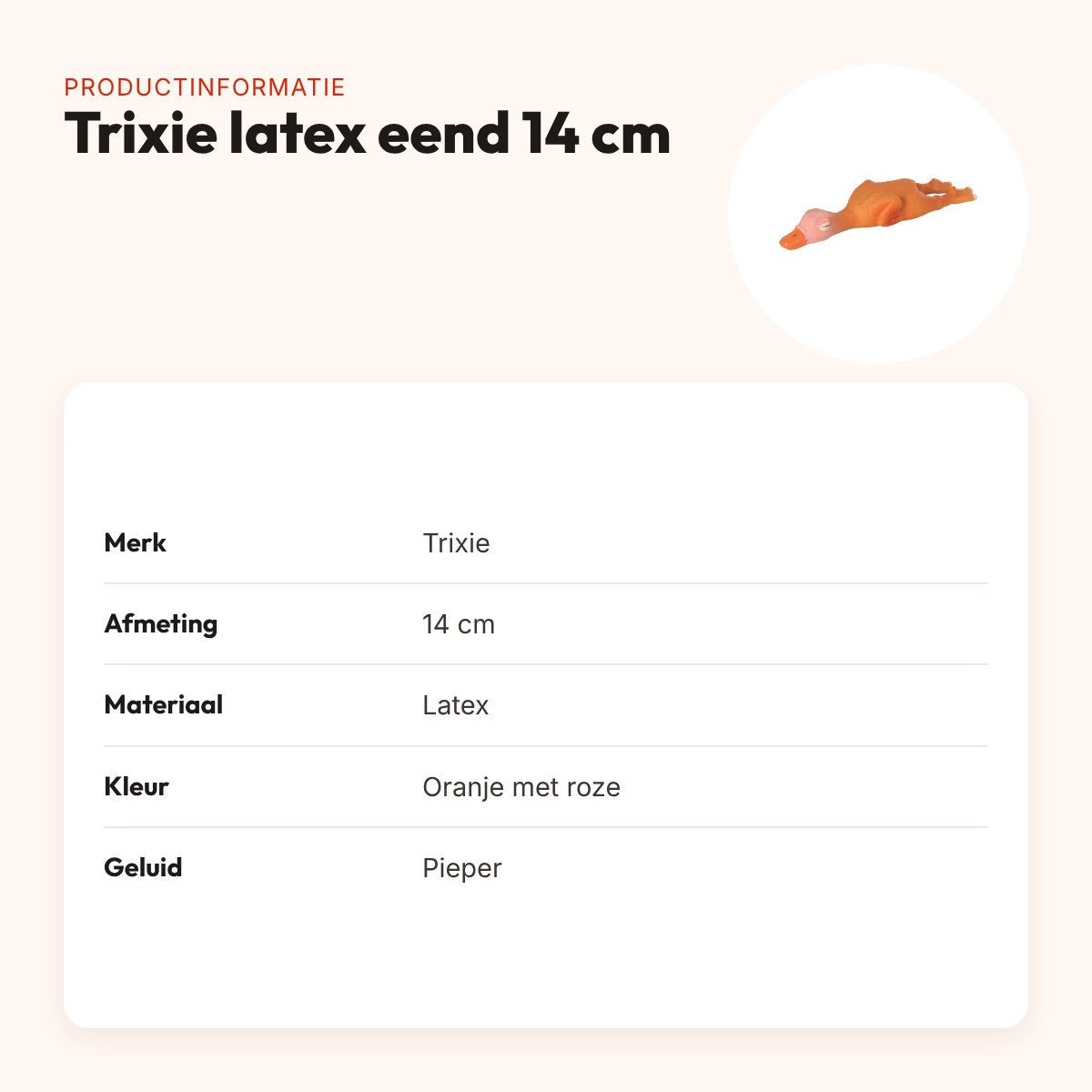 Trixie latex eend 14 cm – kauwspeelgoed met pieper, oranje/roze – productinformatie