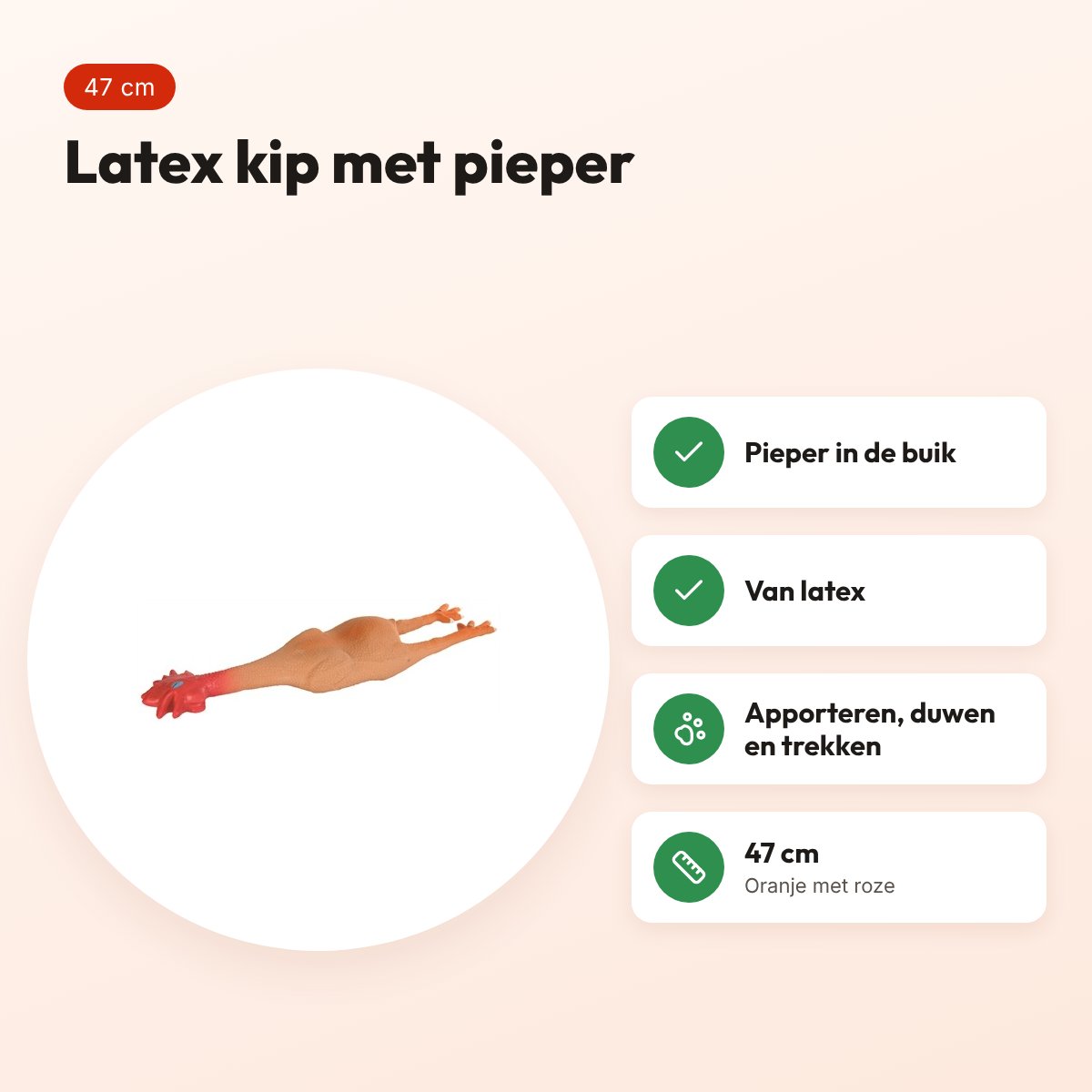 Trixie latex kip 47 cm – hondenspeelgoed met pieper, oranje/roze – voordelen