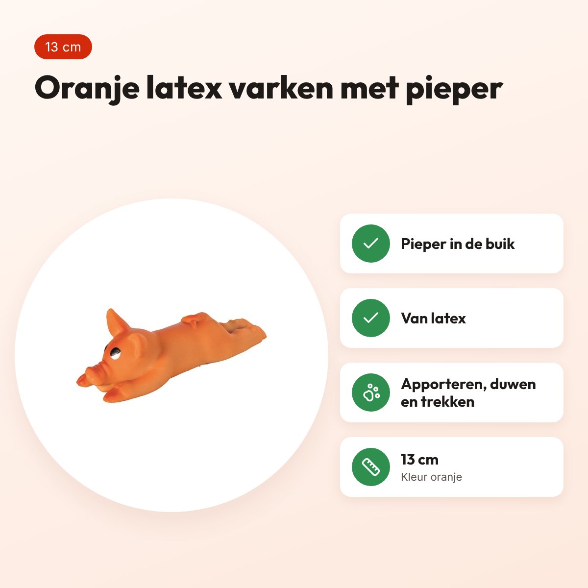 Trixie latex varken 13 cm – oranje, met pieper – voordelen