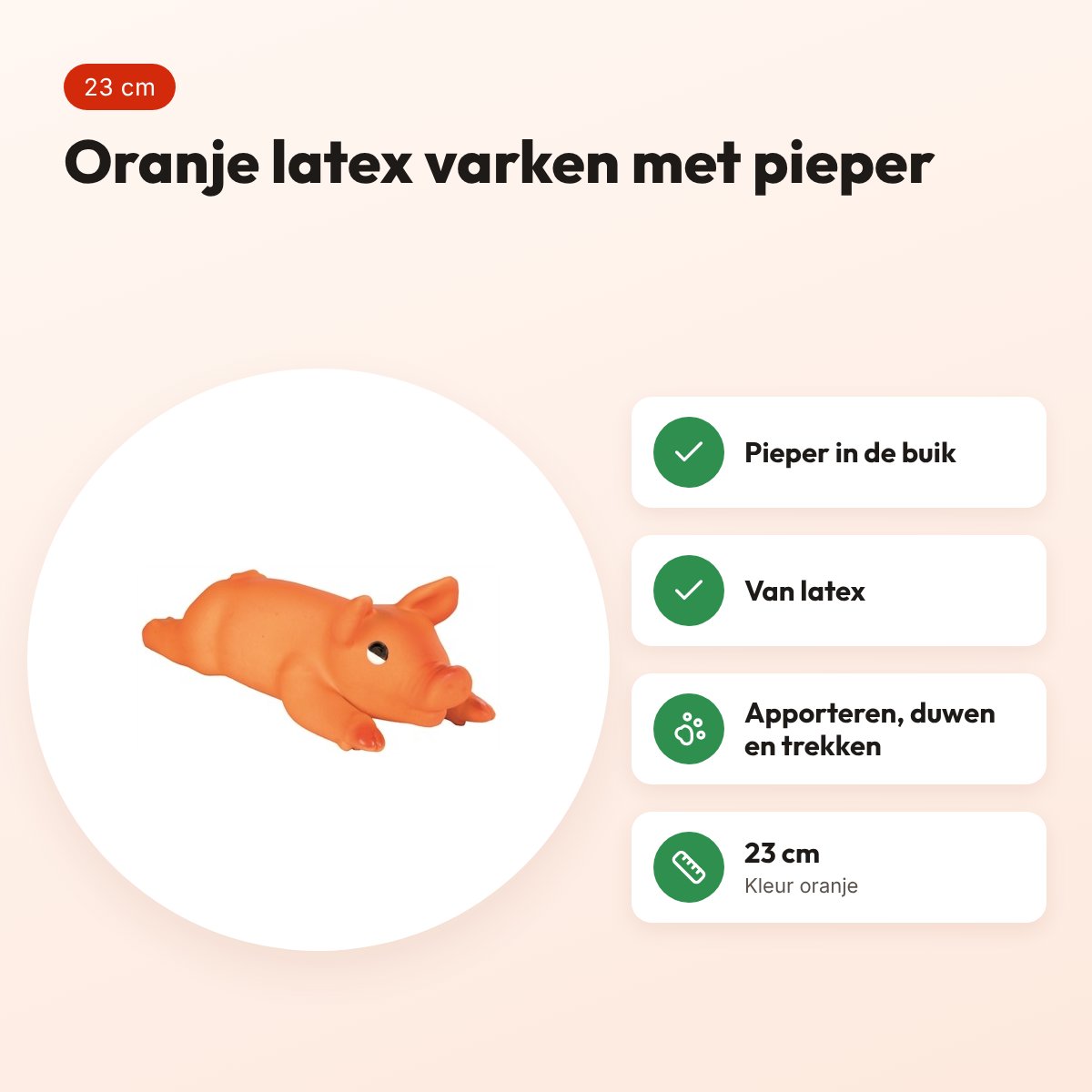Trixie latex varken 23 cm – oranje, met pieper – voordelen