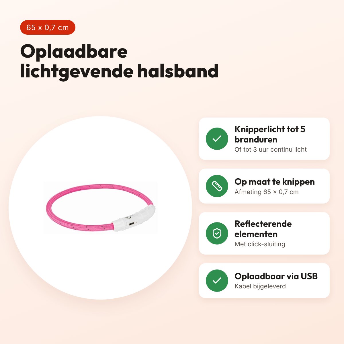 Trixie lichtgevende halsband Flash USB roze 65 x 0,7 cm – TPU/nylon – voordelen