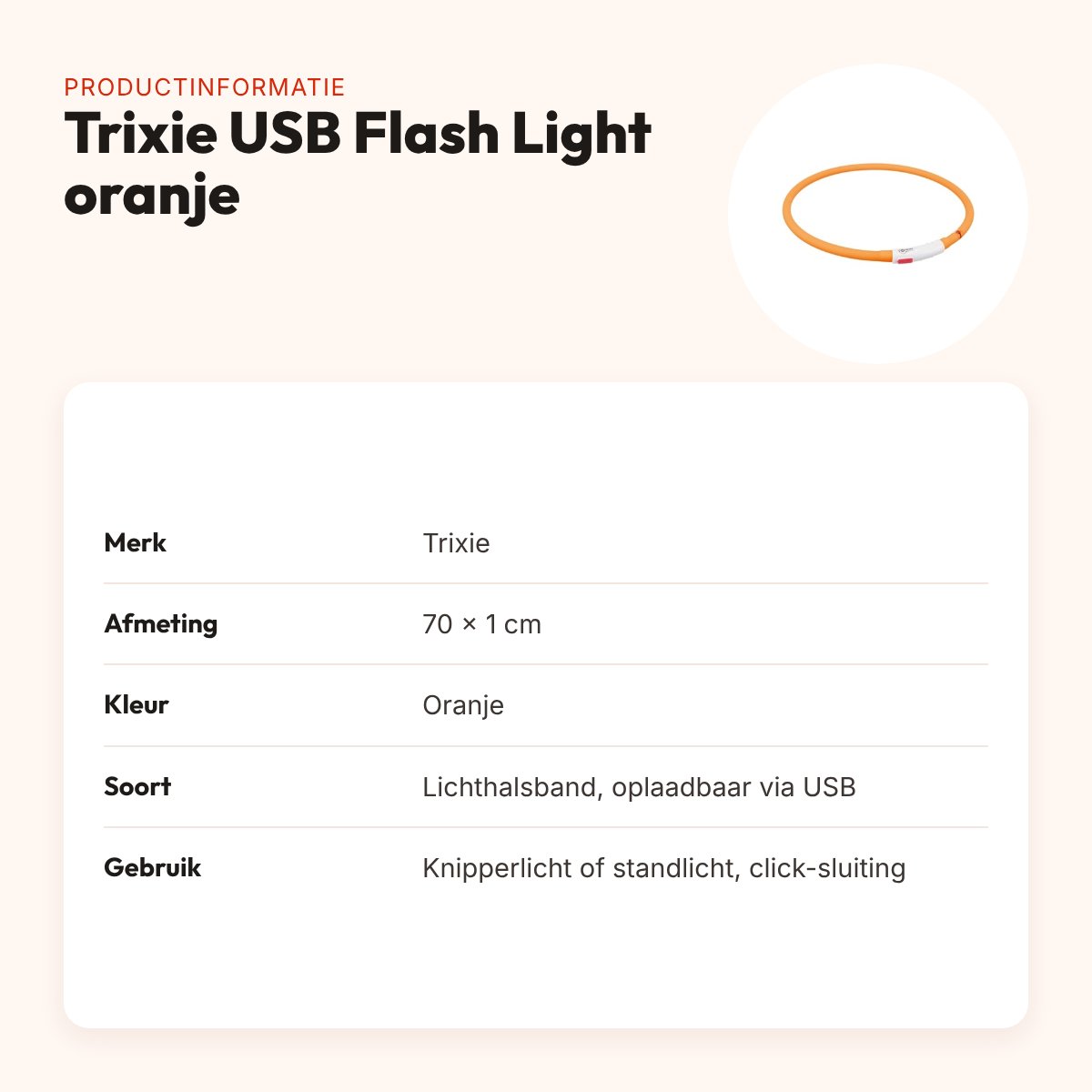 Trixie lichtgevende halsband USB Flash Light oranje 70 x 1 cm – oplaadbaar – productinformatie