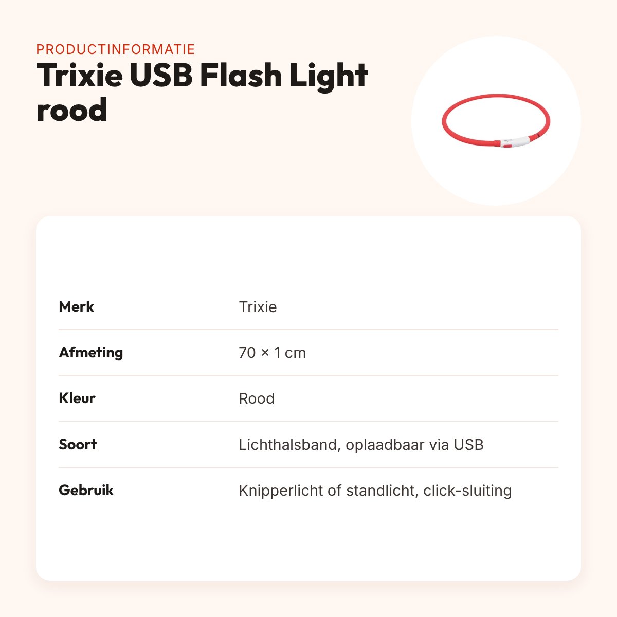 Trixie lichtgevende halsband USB Flash Light rood 70 x 1 cm – oplaadbaar – productinformatie