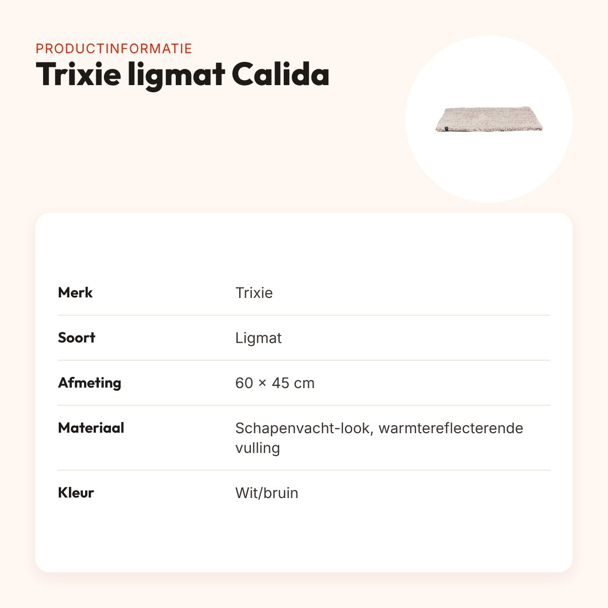 Trixie ligmat Calida wit/bruin 60 x 45 cm – warmtereflecterende laag – productinformatie