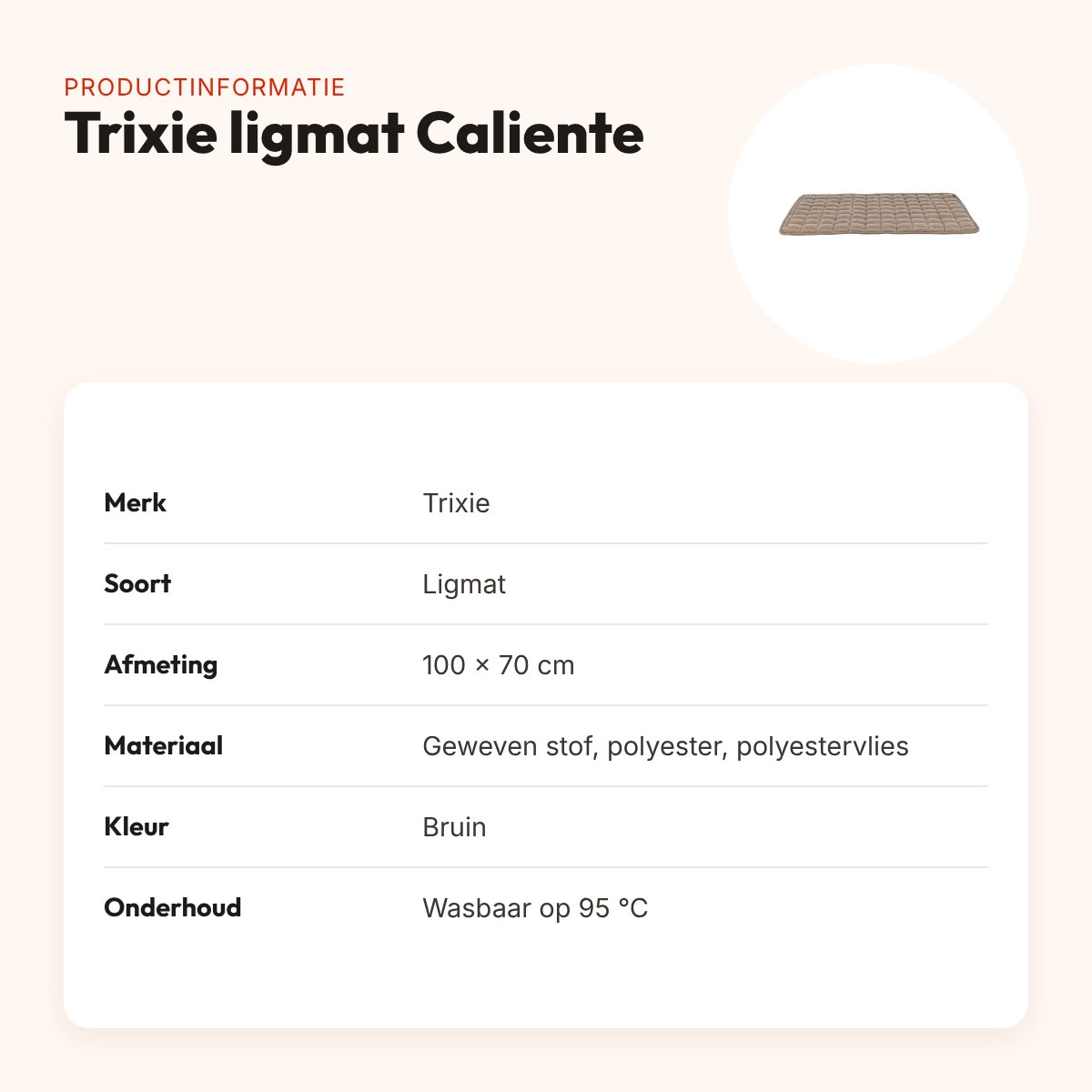 Trixie ligmat Caliente bruin 100 x 70 cm – wasbaar op 95 °C – productinformatie