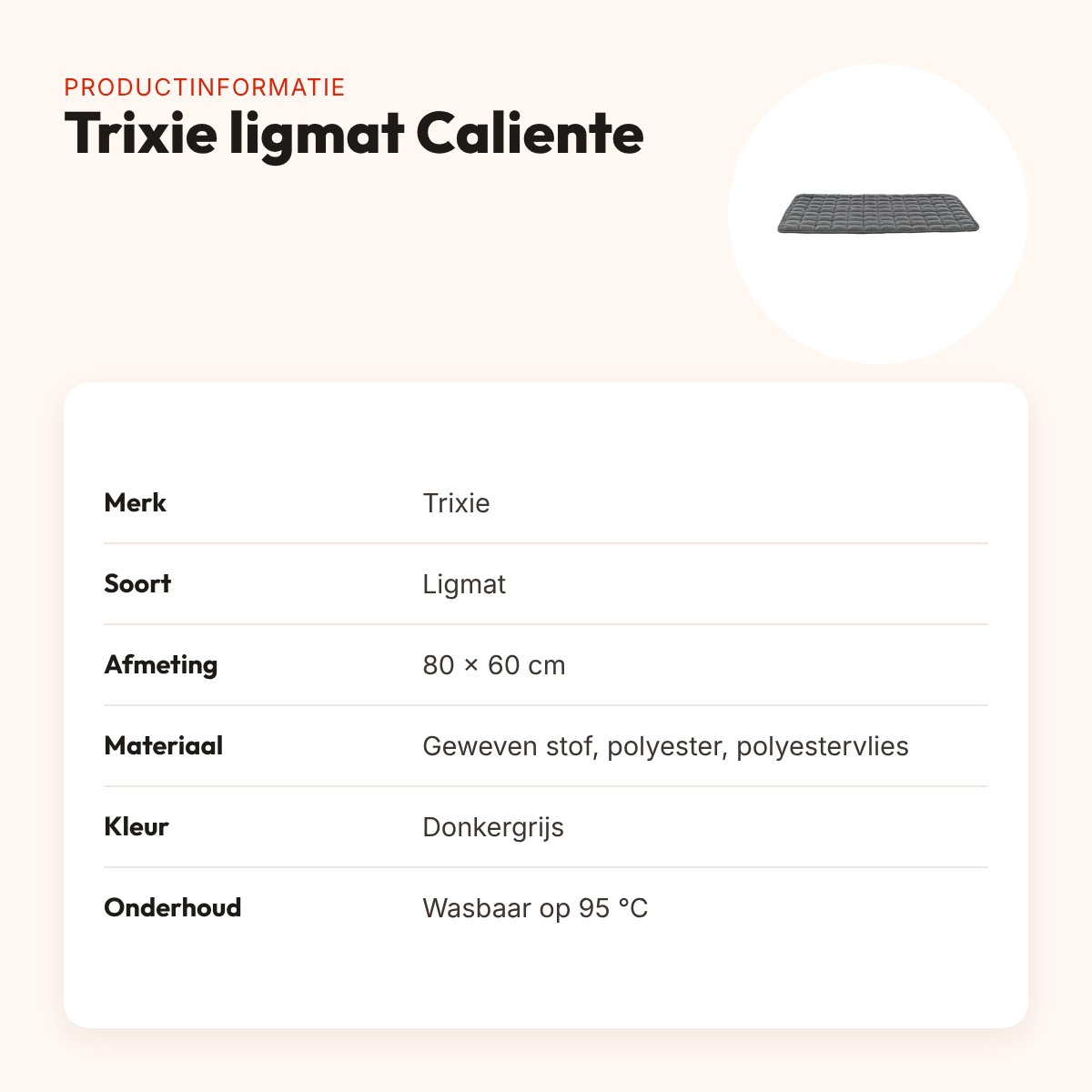 Trixie ligmat Caliente donkergrijs 80 x 60 cm – wasbaar op 95 °C – productinformatie