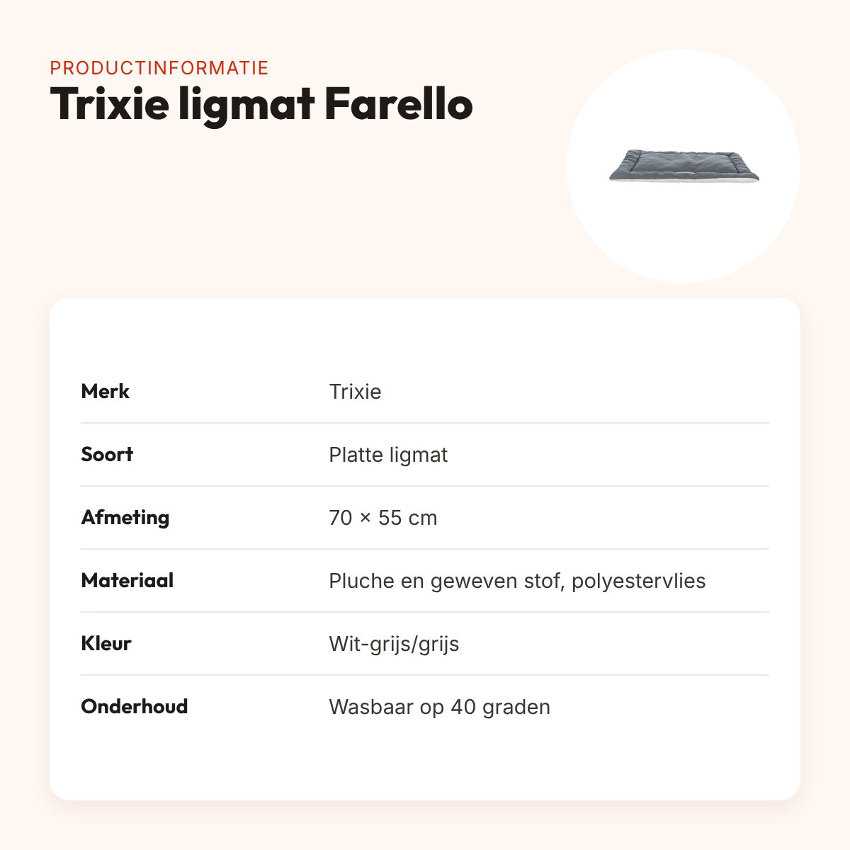 Trixie ligmat Farello wit-grijs/grijs 70 x 55 cm – platte mat, pluche – productinformatie