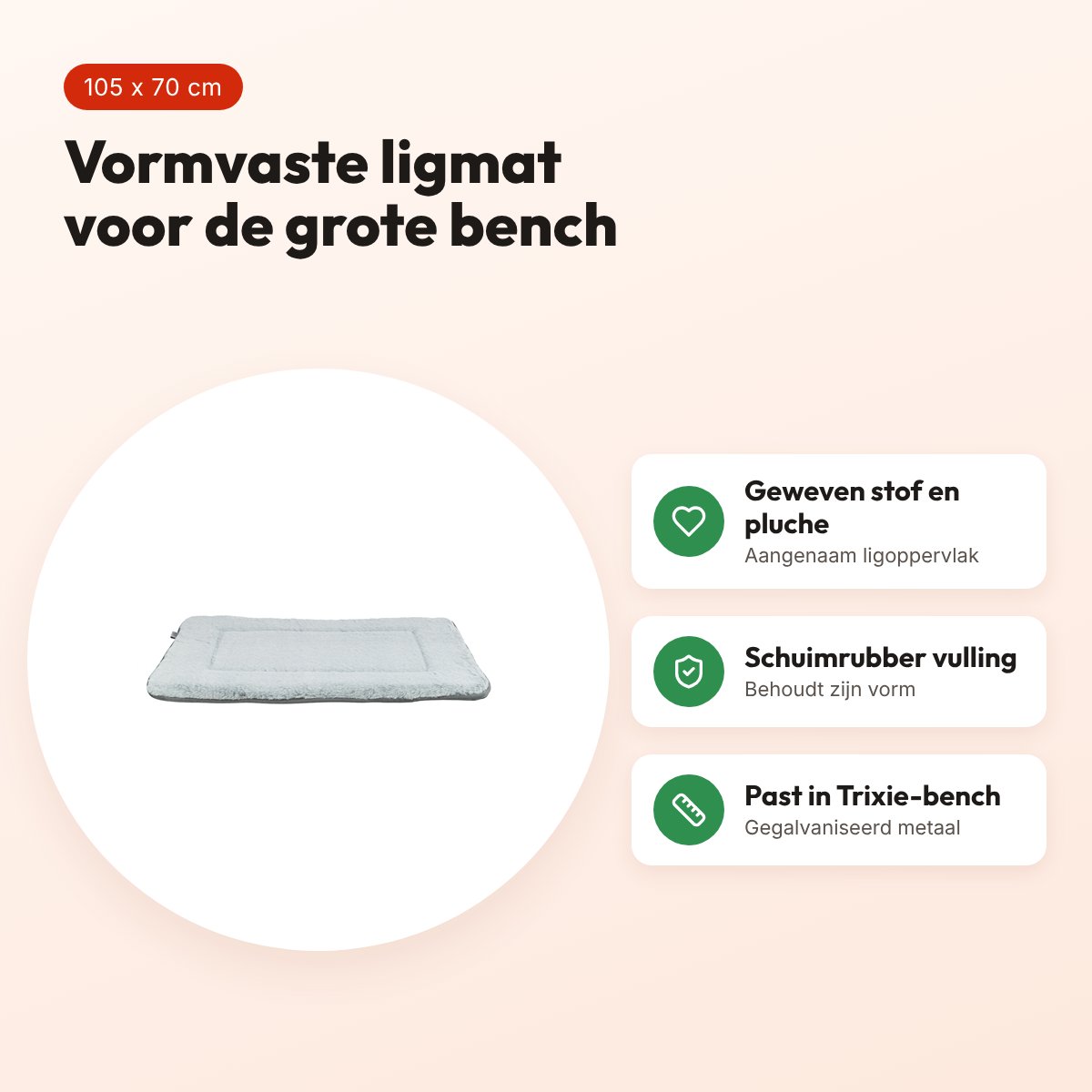 Trixie ligmat Lino Soft grijs/lichtgrijs 105 x 70 cm – voor bench – voordelen