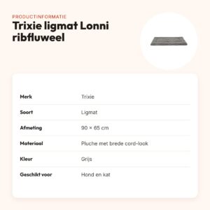 Trixie ligmat Lonni ribfluweel grijs 90 x 65 cm – voor hond en kat – productinformatie