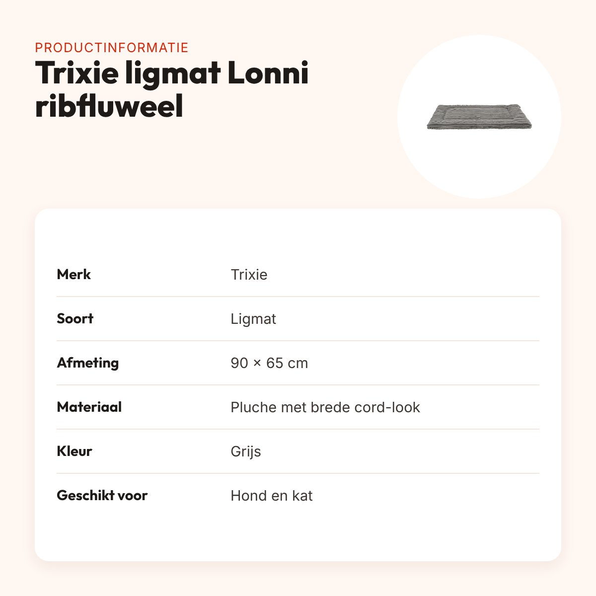 Trixie ligmat Lonni ribfluweel grijs 90 x 65 cm – voor hond en kat – productinformatie