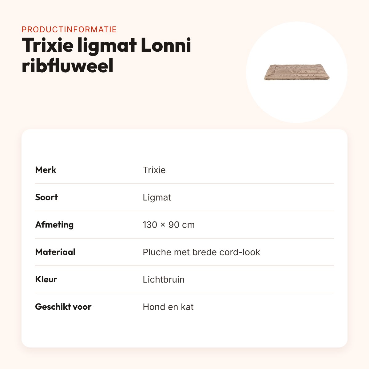 Trixie ligmat Lonni ribfluweel lichtbruin 130 x 90 cm – voor hond en kat – productinformatie