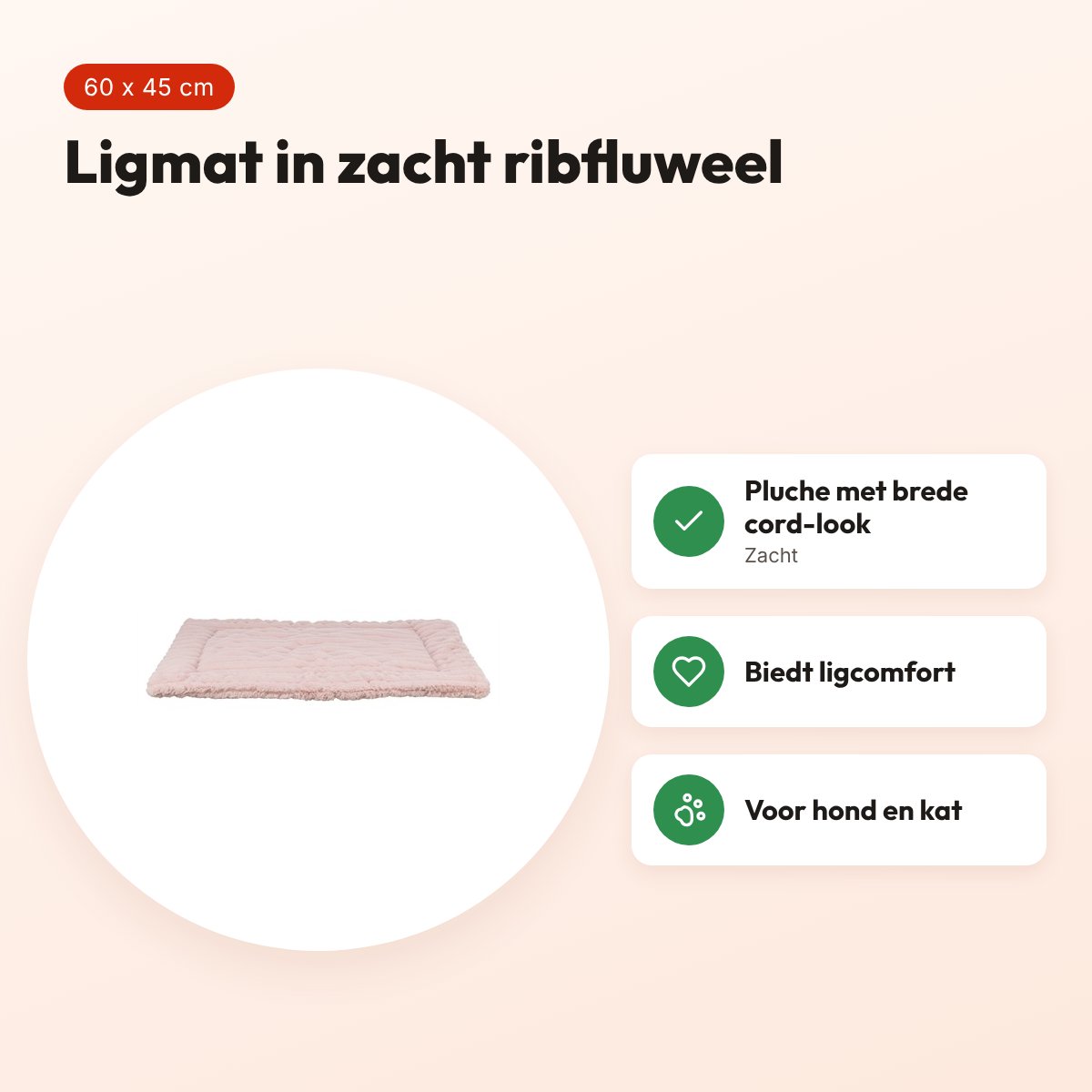 Trixie ligmat Lonni ribfluweel roze 60 x 45 cm – voor hond en kat – voordelen