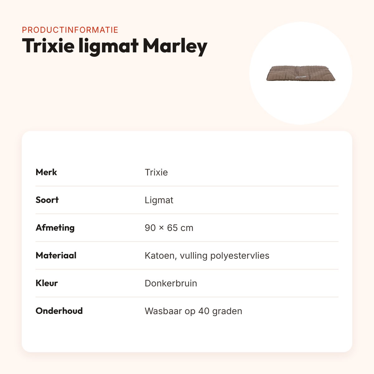 Trixie ligmat Marley donkerbruin 90 x 65 cm – katoen, slipvast – productinformatie
