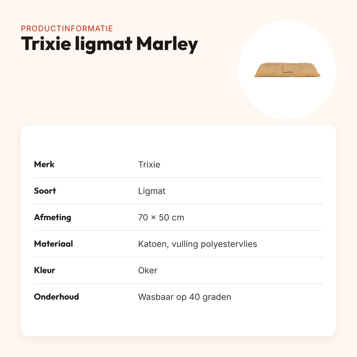 Trixie ligmat Marley oker 70 x 50 cm – katoen, slipvast – productinformatie