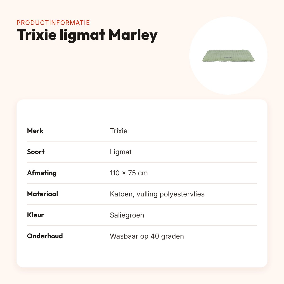 Trixie ligmat Marley saliegroen 110 x 75 cm – katoen, slipvast – productinformatie