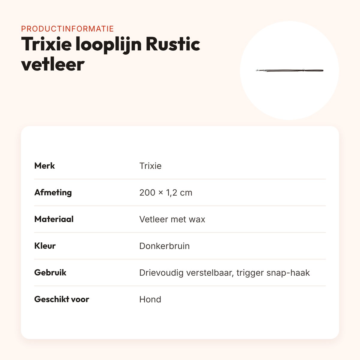 Trixie looplijn Rustic vetleer donkerbruin 200 x 1,2 cm – verstelbaar – productinformatie
