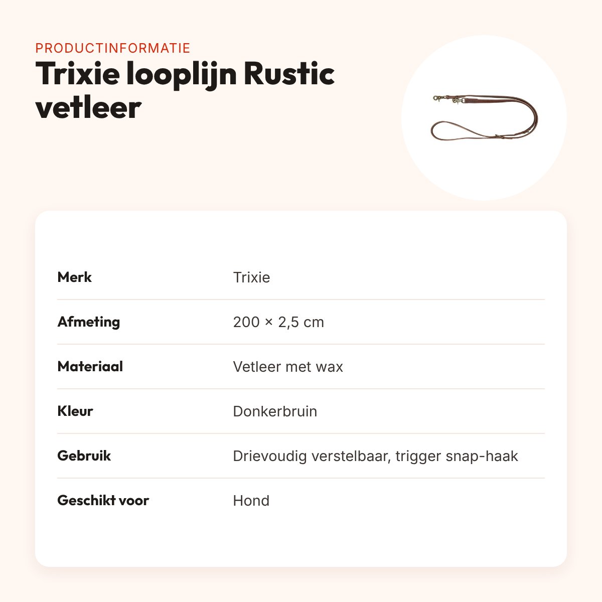 Trixie looplijn Rustic vetleer donkerbruin 200 x 2,5 cm – verstelbaar – productinformatie