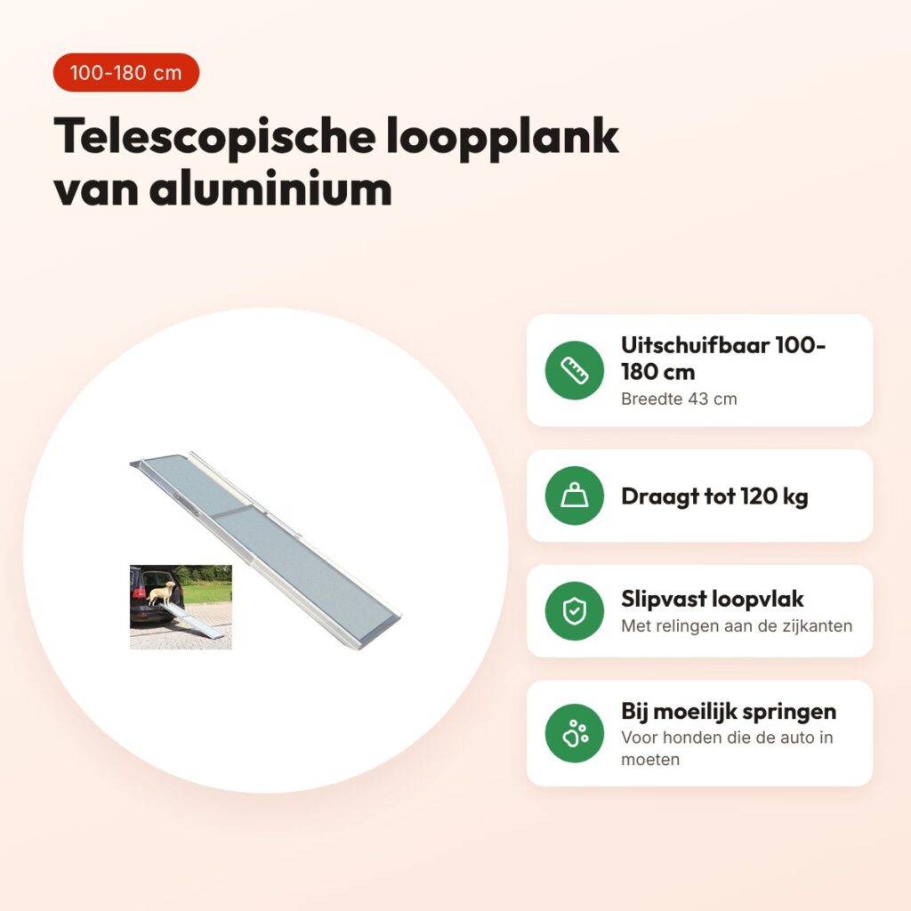 Trixie loopplank hond aluminium telescopisch 100-180 x 43 cm – tot 120 kg – voordelen