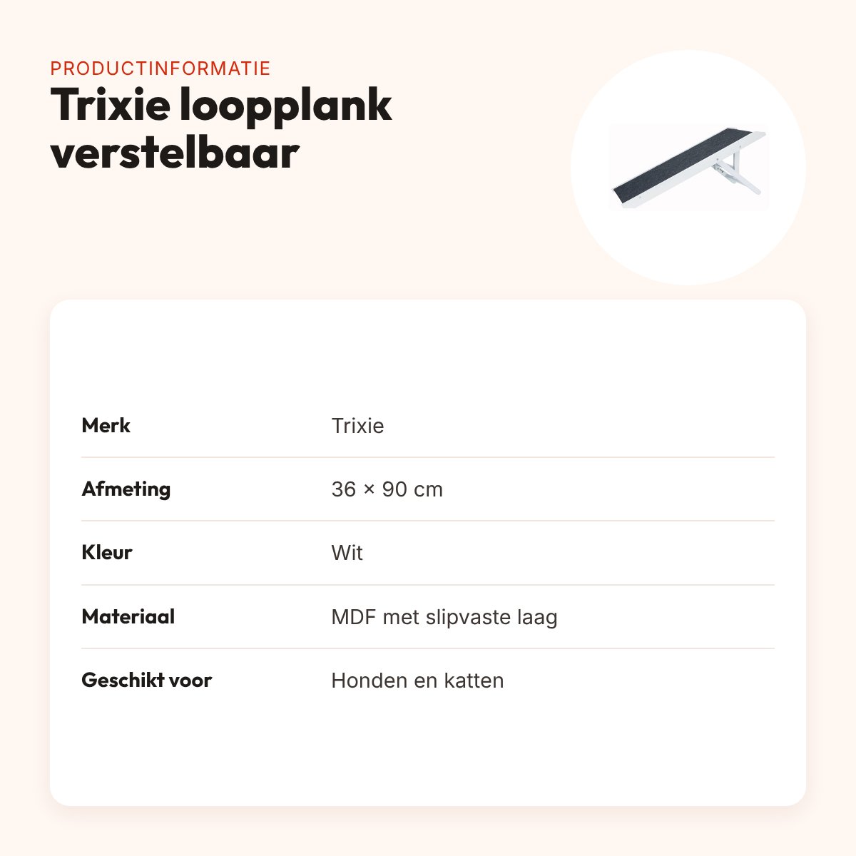 Trixie loopplank wit 36 x 90 cm – in hoogte verstelbaar, slipvast – productinformatie