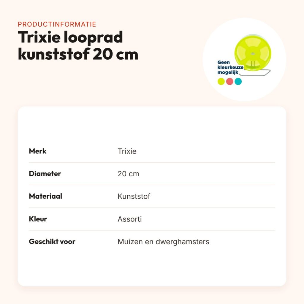 Trixie looprad kunststof 20 cm – fluisterstil, assorti kleuren – productinformatie