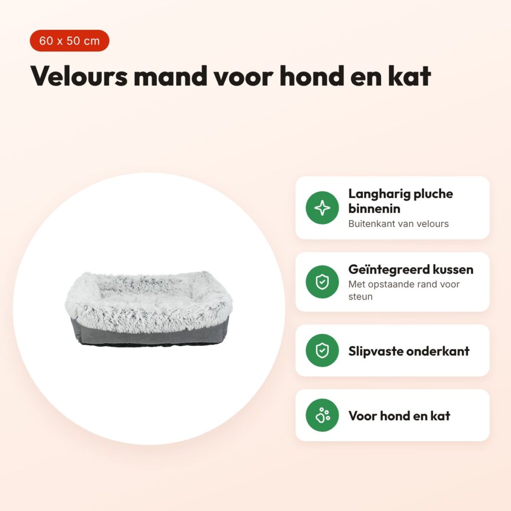 Trixie mand Harvey grijs/wit 60 x 50 cm – velours, voor hond en kat – voordelen