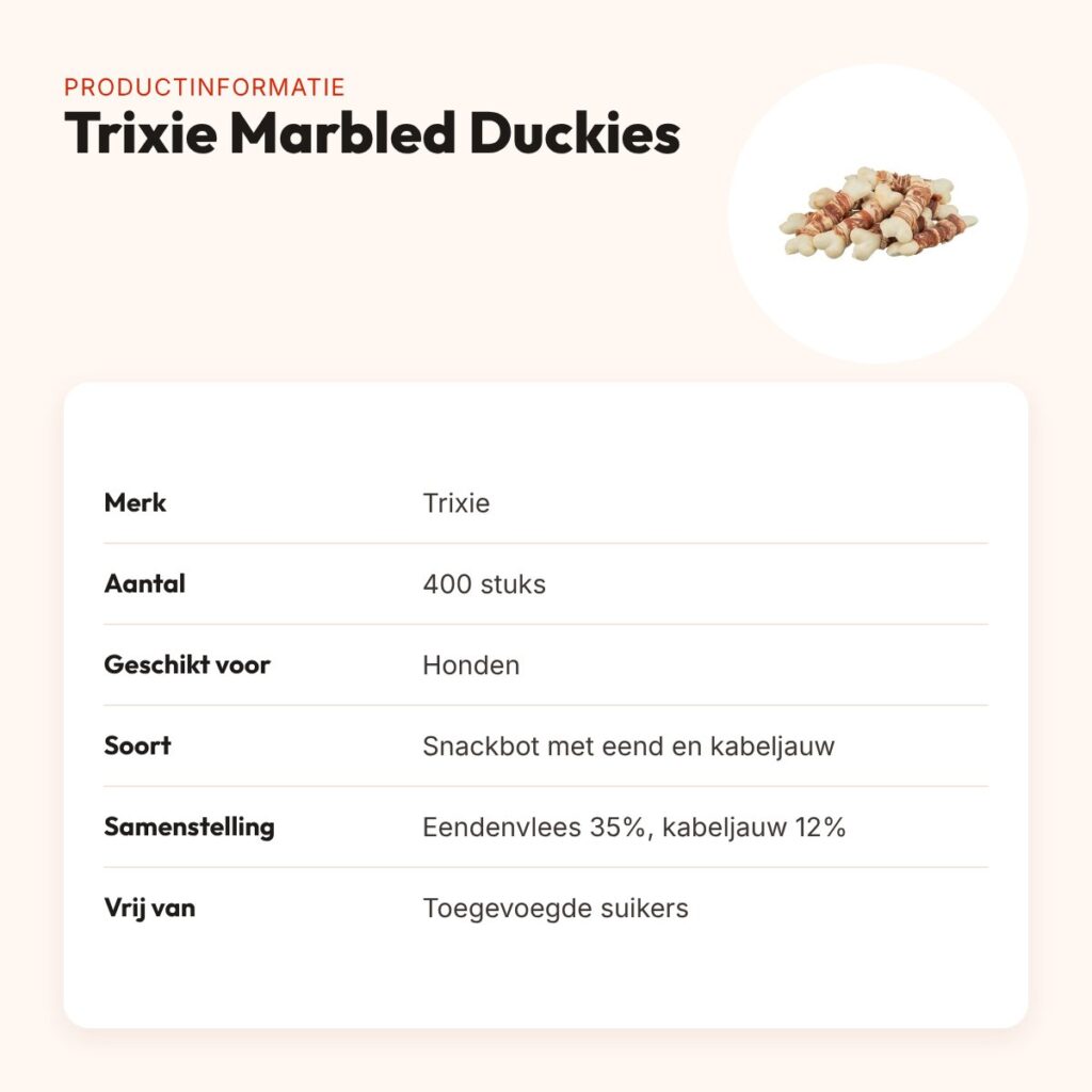 Trixie Marbled Duckies kauwsnack eend en kabeljauw – 400 stuks – productinformatie