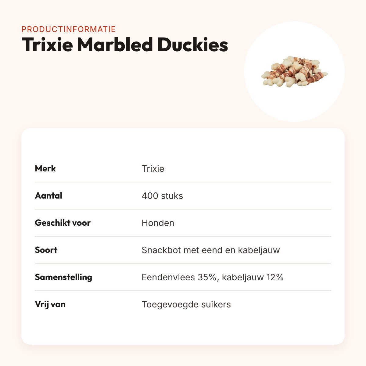 Trixie Marbled Duckies kauwsnack eend en kabeljauw – 400 stuks – productinformatie