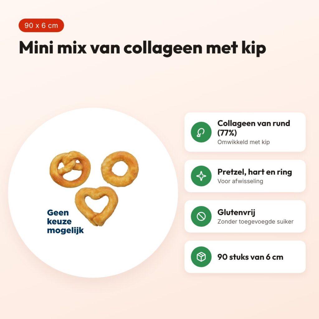 Trixie Mini Mix collageen 6 cm – pretzel, hart en ring, 90 stuks – voordelen