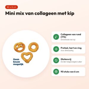 Trixie Mini Mix collageen 6 cm – pretzel, hart en ring, 90 stuks – voordelen