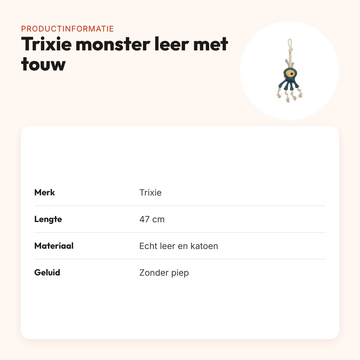 Trixie monster leer met touw 47 cm – kauwspeeltje zonder piep – productinformatie