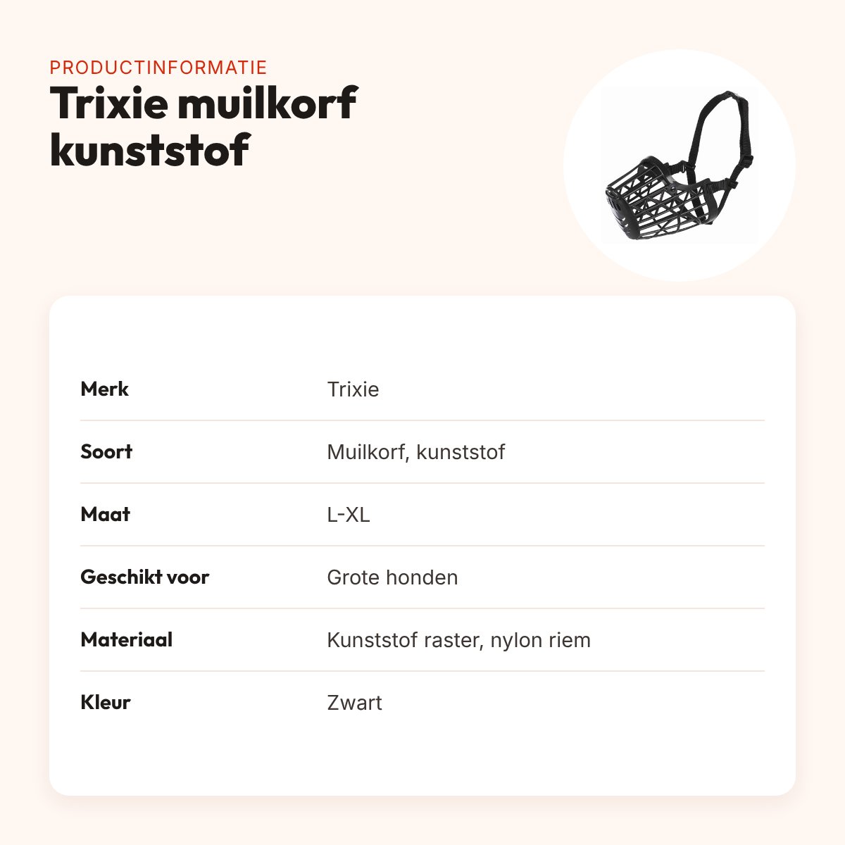 Trixie muilkorf kunststof zwart L-XL – voor grote honden – productinformatie