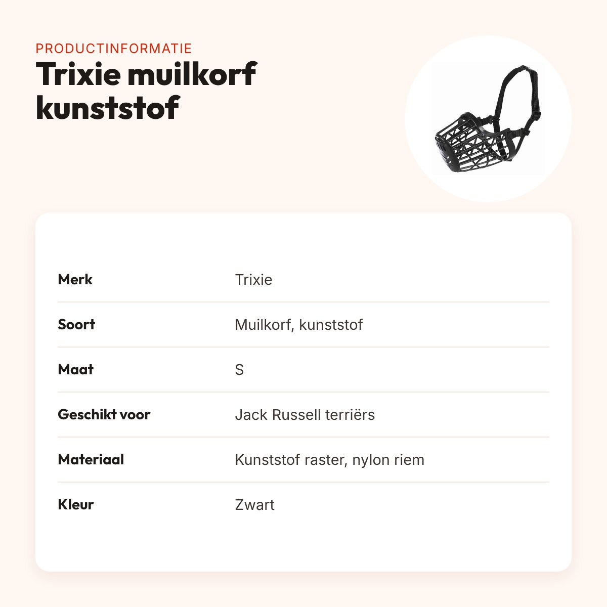 Trixie muilkorf kunststof zwart S – voor Jack Russell terriërs – productinformatie