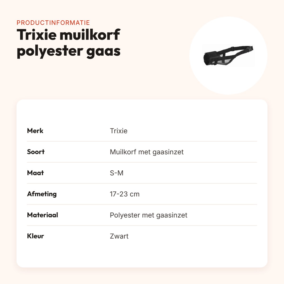 Trixie muilkorf polyester met gaasinzet zwart S-M 17-23 cm – productinformatie
