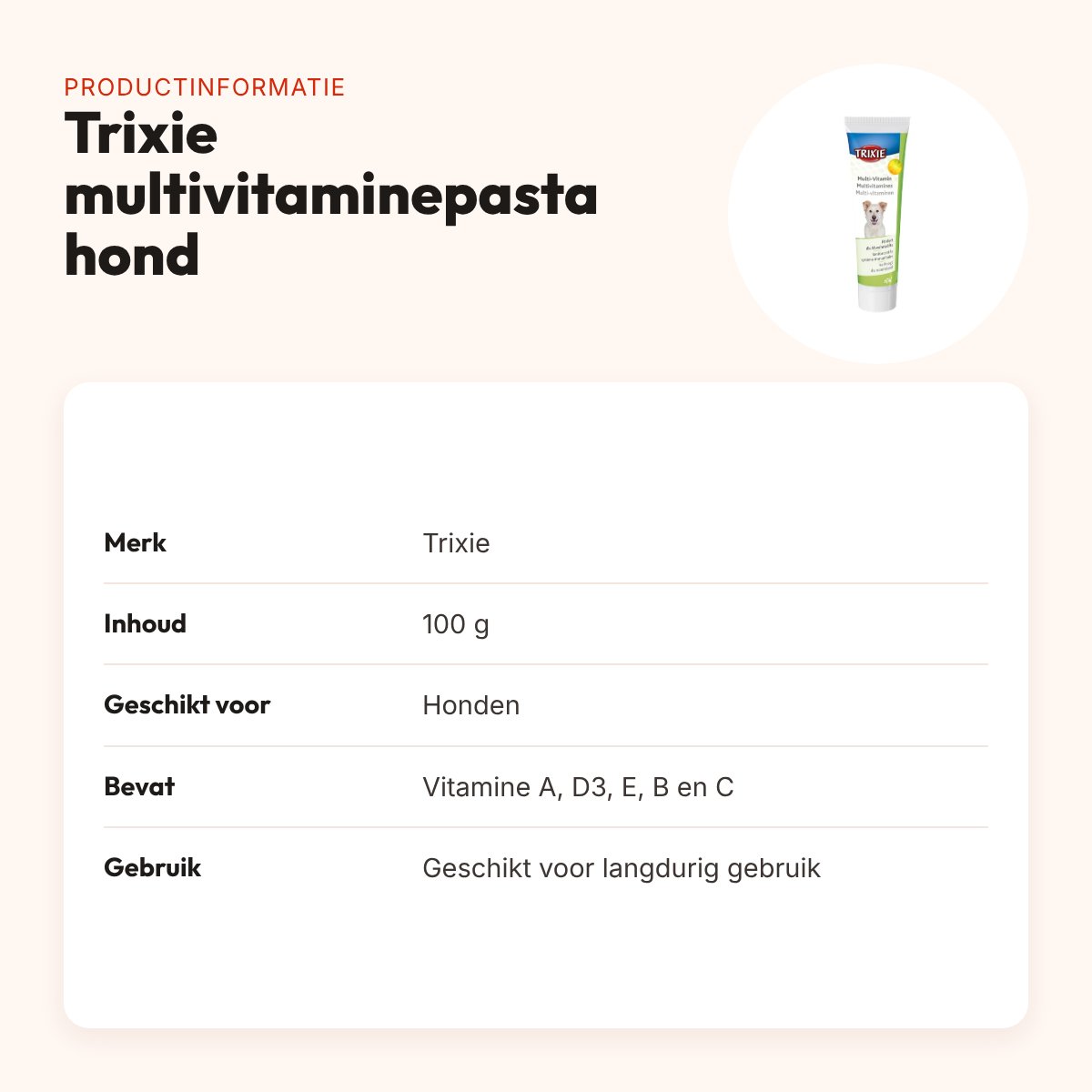 Trixie multivitaminepasta hond 100 g – vitamine A, D3, E, B en C – productinformatie