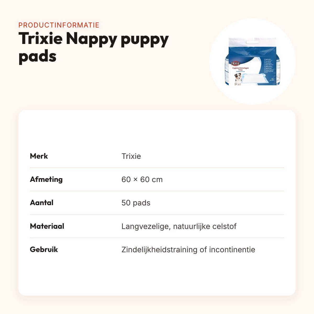 Trixie Nappy puppy pads 60 x 60 cm – 50 stuks, zindelijkheidstraining – productinformatie