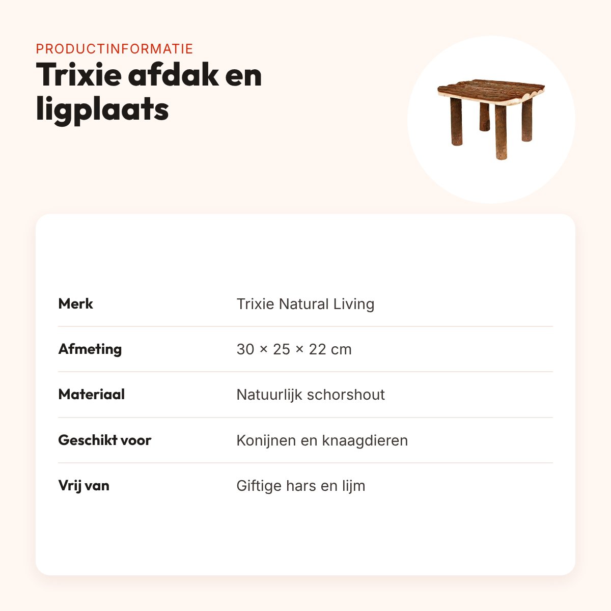 Trixie Natural Living afdak en ligplaats 30 x 25 x 22 cm – schorshout – productinformatie